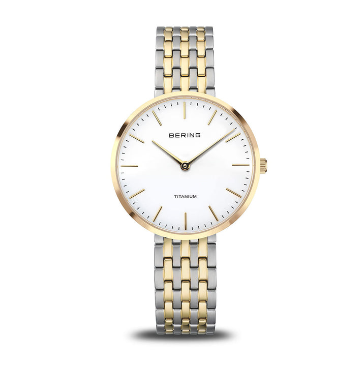 Bering 34mm Titanium Polished Gold Quartz Watch 19334-010