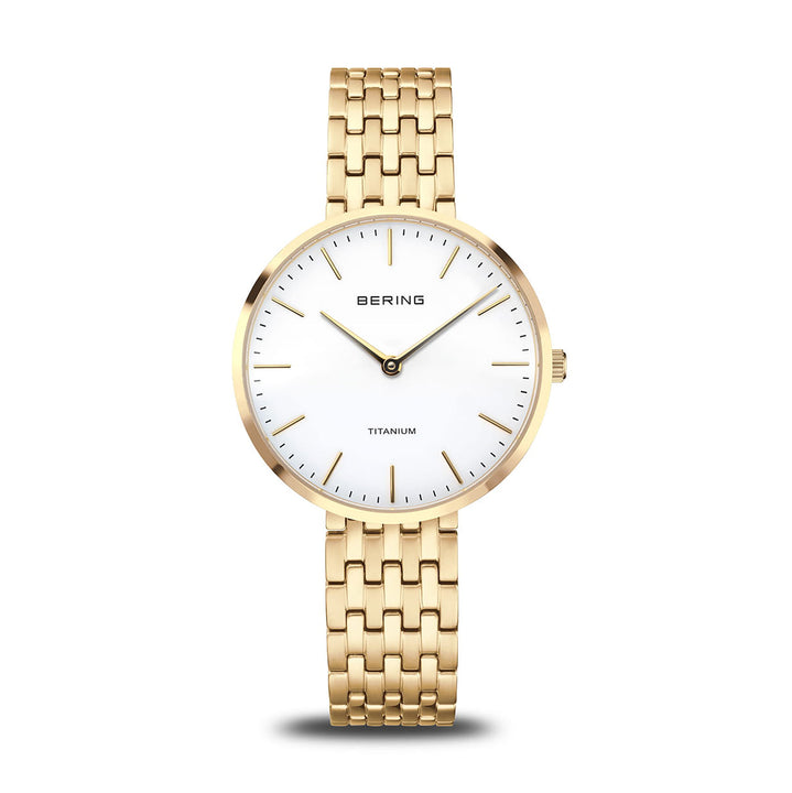 Bering 34mm Titanium Polished Gold Plated Quartz Watch 19334-334