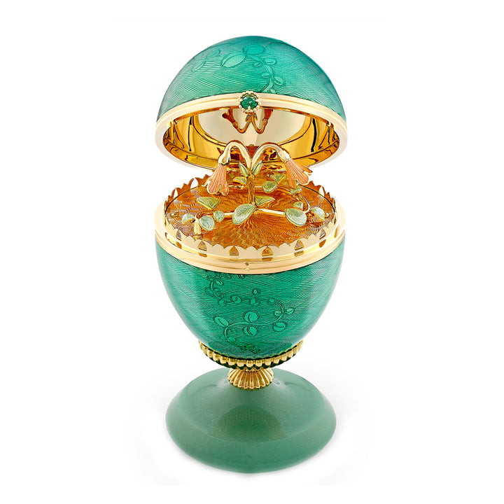 Fabergé Heritage Limited Edition 18ct Yellow Gold Green Guilloché Enamel Egg Objet with Twin Flower Surprise - Michael Jones Jeweller