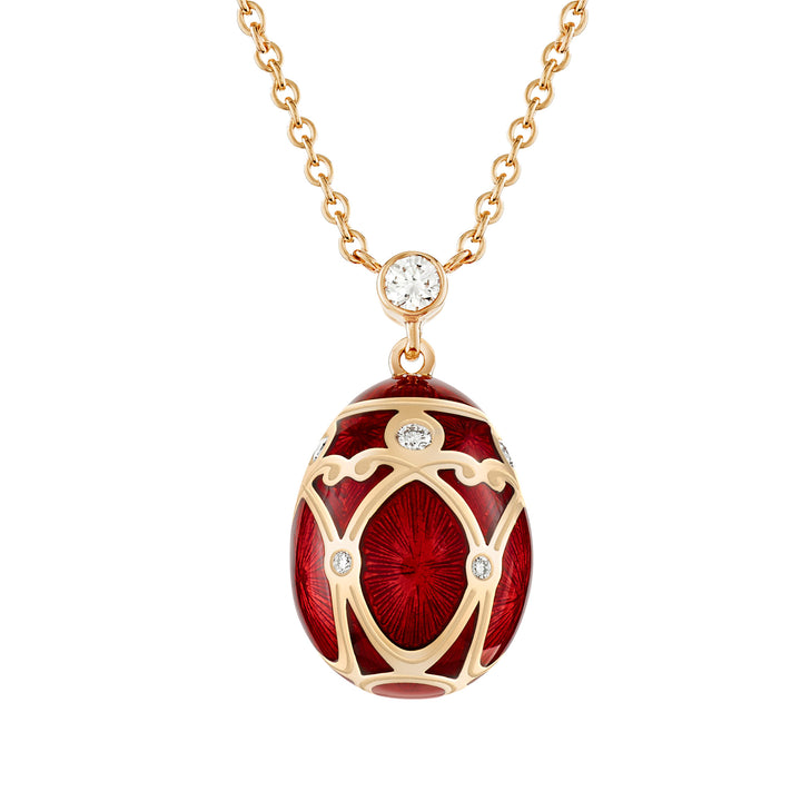 Fabergé Heritage Yelagin Rose Gold Red Guilloché Enamel Petite Egg Pendant - Michael Jones Jeweller