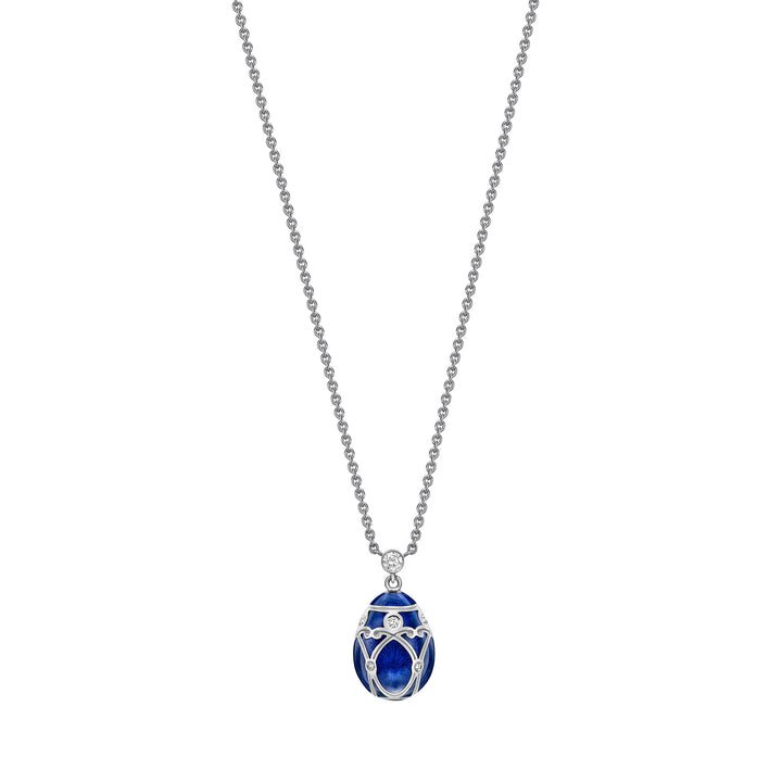 Fabergé Heritage Yelagin White Gold Royal Blue Guilloché Enamel Petite Egg Pendant - Michael Jones Jeweller