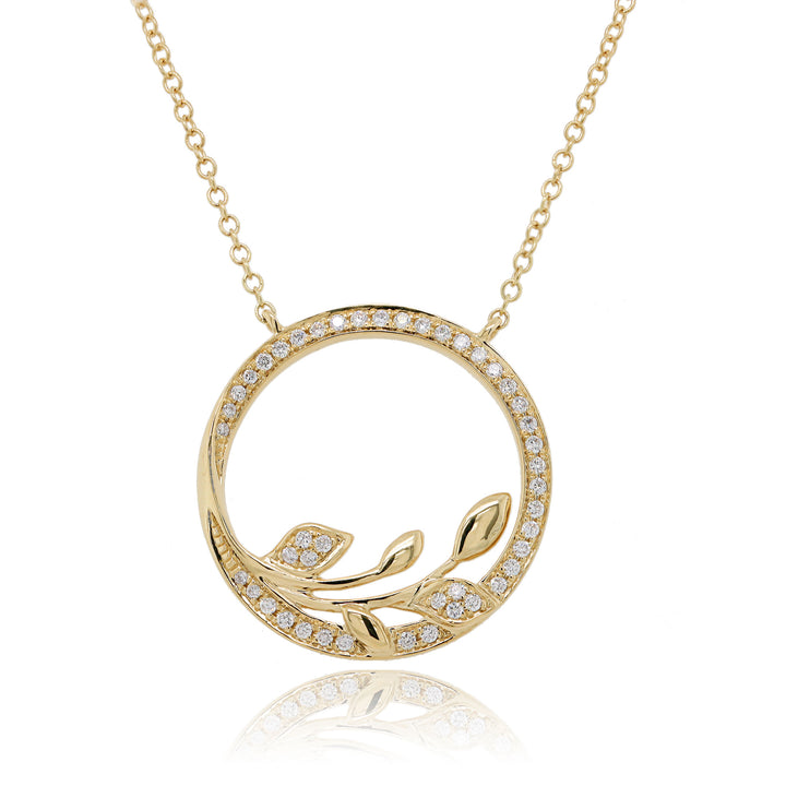 Diamond Set 9ct Yellow Gold Leaf Circle Pendant - Michael Jones Jeweller