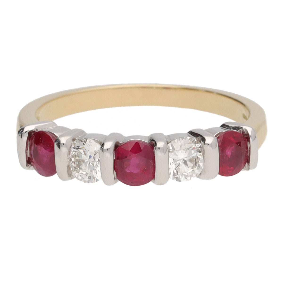Ruby and Diamond Bar Set 18ct Yellow Gold Half Eternity Ring - Michael Jones Jeweller