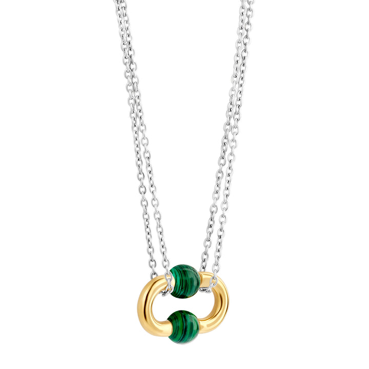 Ti Sento Yellow Gold Plated Malachite Green Oval Link Double Chain Necklace