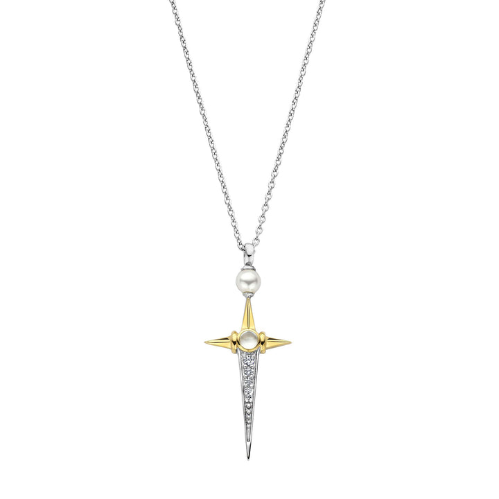 Ti Sento Yellow Gold Plated Mother of Pearl White and Cubic Zirconia Cross Necklace - Michael Jones Jeweller