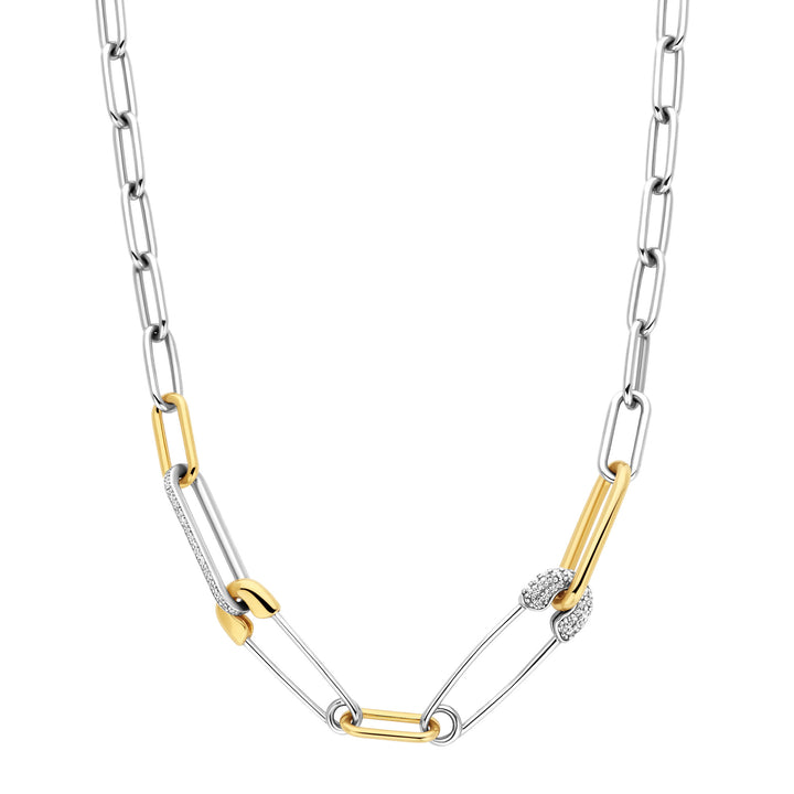 Ti Sento Yellow Gold Plated Cubic Zirconia Safety Pin Linked Necklace - Michael Jones Jeweller