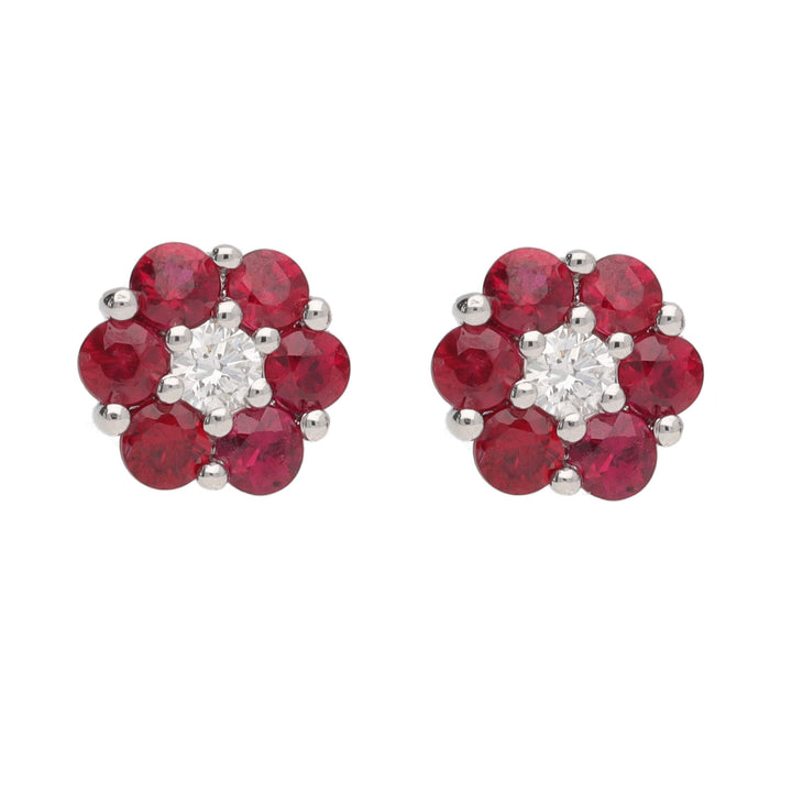 Ruby and Diamond 18ct White Gold Flower Stud Earrings - Michael Jones Jeweller