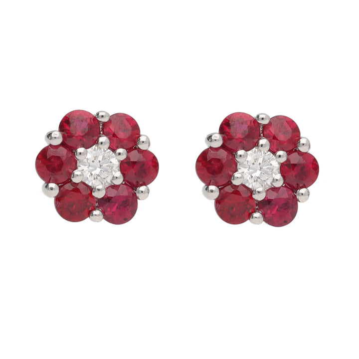 Ruby and Diamond 18ct White Gold Flower Stud Earrings