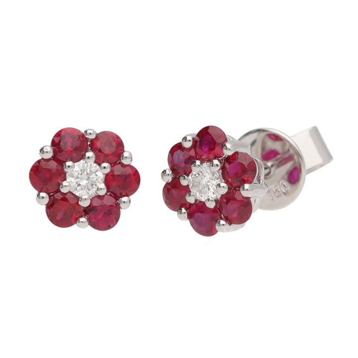 Ruby and Diamond 18ct White Gold Flower Stud Earrings