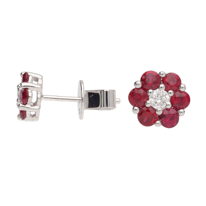 Ruby and Diamond 18ct White Gold Flower Stud Earrings - Michael Jones Jeweller