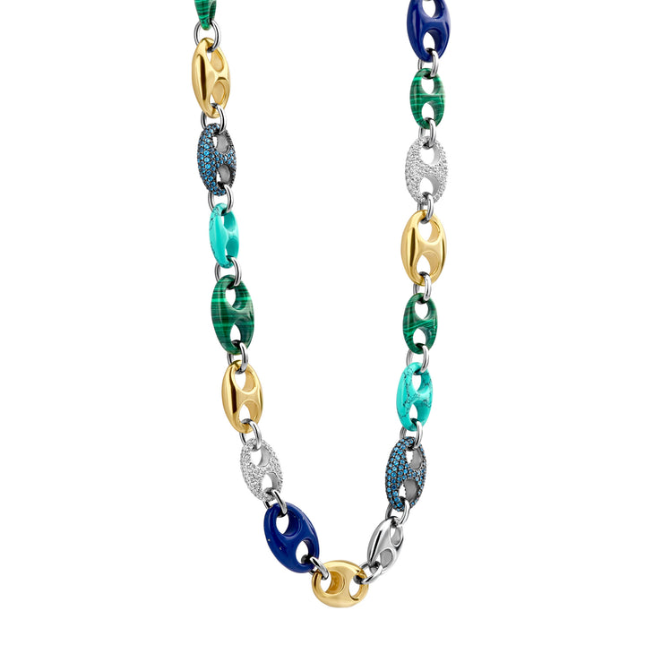 Ti Sento Malachite Green Lapis Blue Turquoise and Blue Cubic Zirconia Coffee Bean Link Necklace - Michael Jones Jeweller