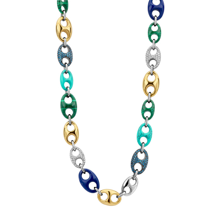 Ti Sento Malachite Green Lapis Blue Turquoise and Blue Cubic Zirconia Coffee Bean Link Necklace - Michael Jones Jeweller