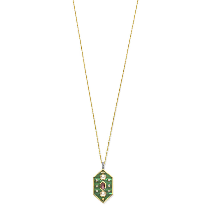 Ti Sento Yellow Gold Plated Synthetic Pearl Malachite Green and Amethyst Purple Hexagonal Pendant - Michael Jones Jeweller