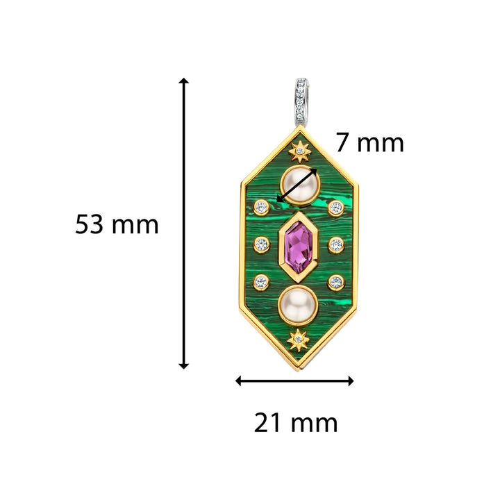Ti Sento Yellow Gold Plated Synthetic Pearl Malachite Green and Amethyst Purple Hexagonal Pendant - Michael Jones Jeweller