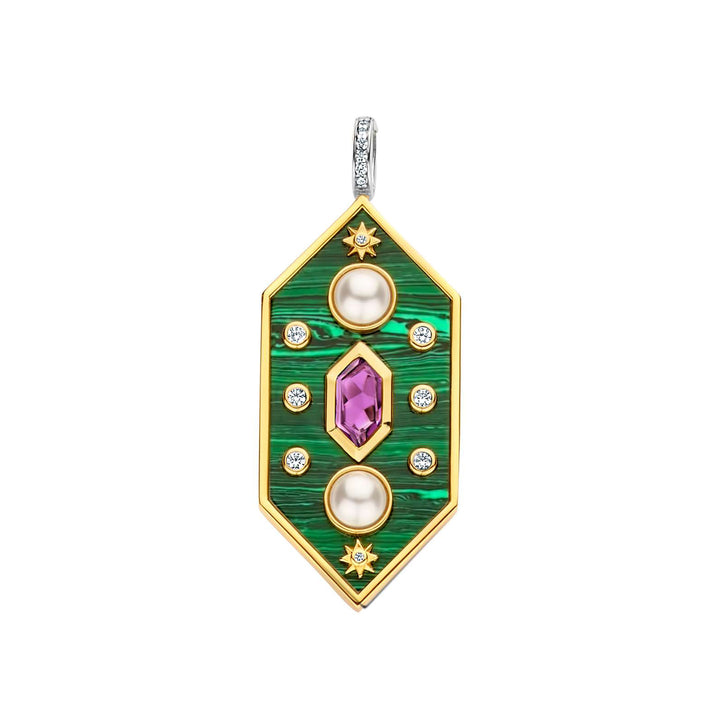 Ti Sento Yellow Gold Plated Synthetic Pearl Malachite Green and Amethyst Purple Hexagonal Pendant - Michael Jones Jeweller