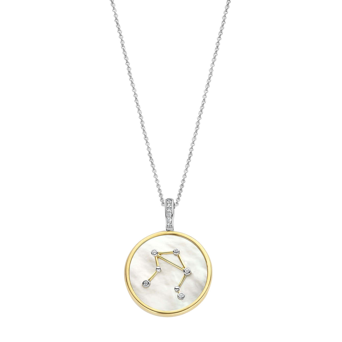Ti Sento Yellow Gold Plated Mother of Pearl Cubic Zirconia Zodiac Libra Pendant - Michael Jones Jeweller