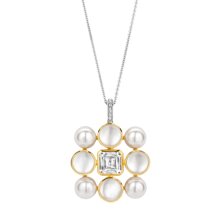Ti Sento Yellow Gold Plated Synthetic Pearl and Cubic Zirconia Flower Pendant - Michael Jones Jeweller