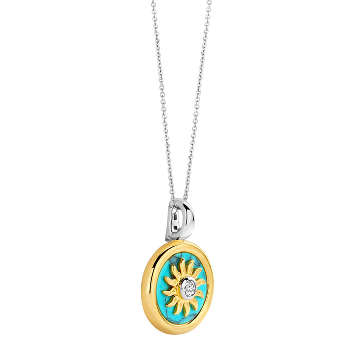 Ti Sento Yellow Gold Plated Turquoise Blue and Cubic Zirconia Sun Disc Pendant 6831TQ
