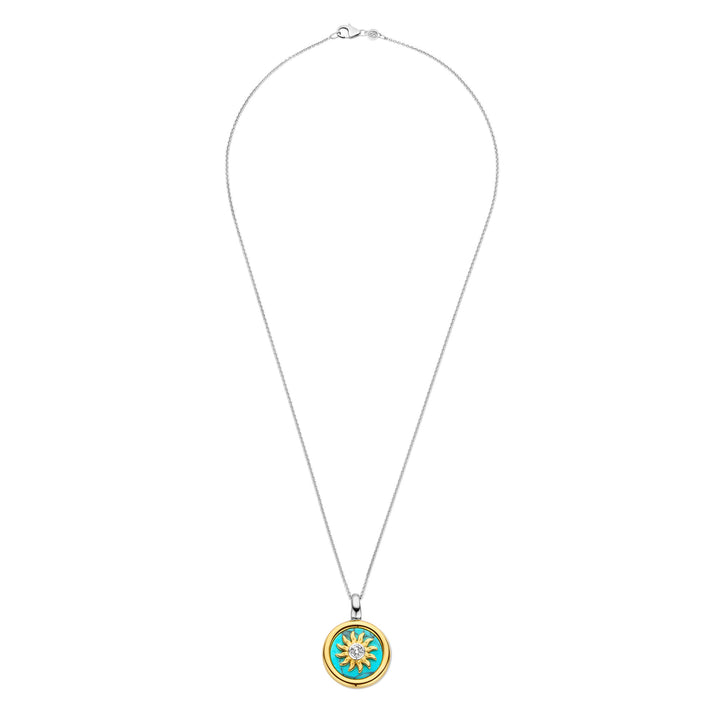 Ti Sento Yellow Gold Plated Turquoise Blue and Cubic Zirconia Sun Disc Pendant - Michael Jones Jeweller