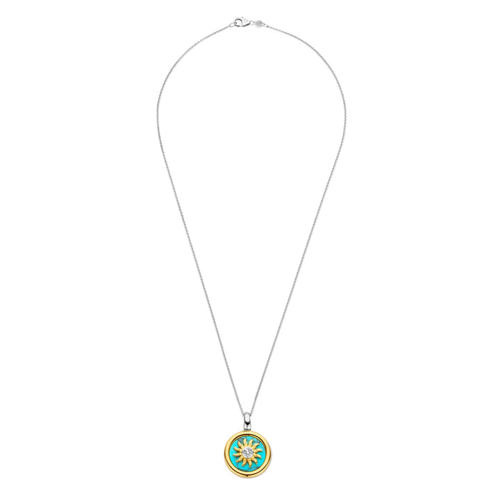 Ti Sento Yellow Gold Plated Turquoise Blue and Cubic Zirconia Sun Disc Pendant