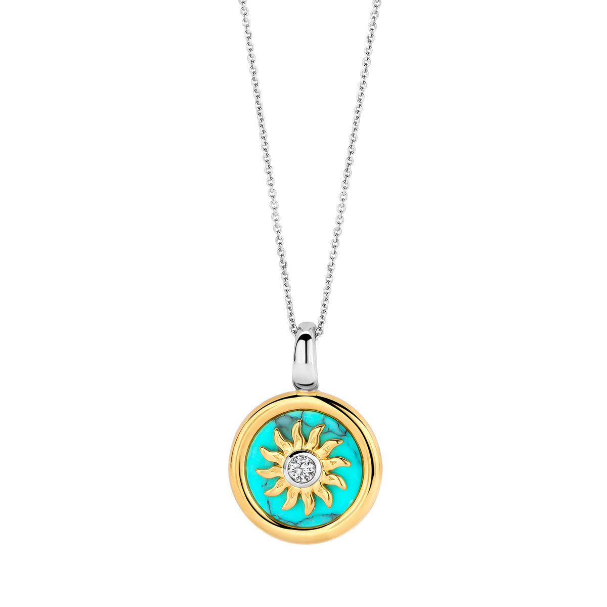 Ti Sento Yellow Gold Plated Turquoise Blue and Cubic Zirconia Sun Disc Pendant - Michael Jones Jeweller