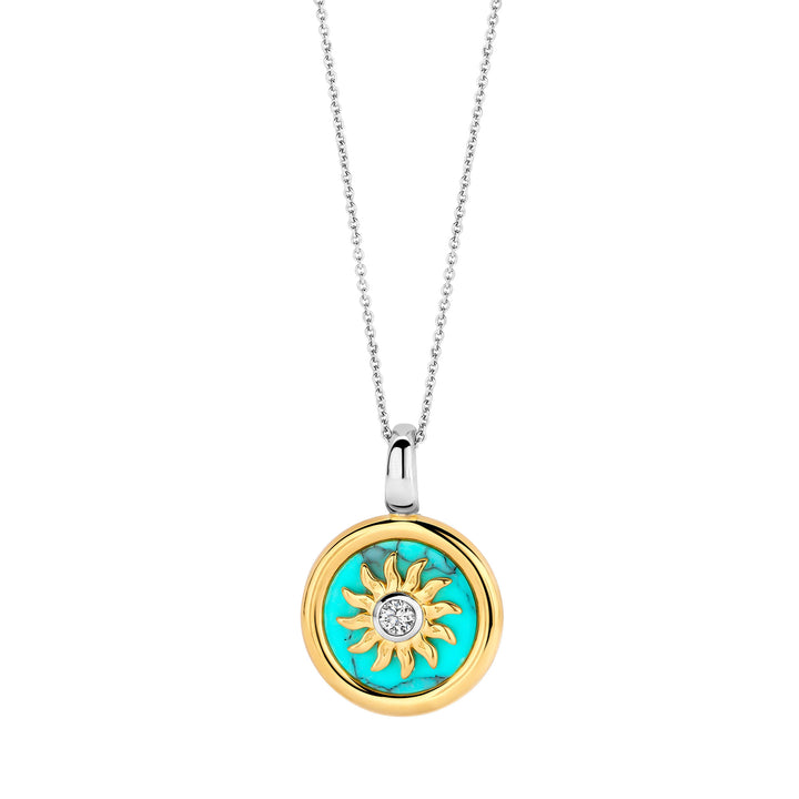 Ti Sento Yellow Gold Plated Turquoise Blue and Cubic Zirconia Sun Disc Pendant