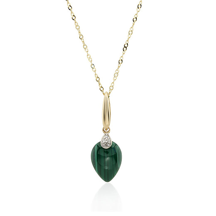 Malachite and Diamond 9ct Yellow Gold Drop Pendant Neckace