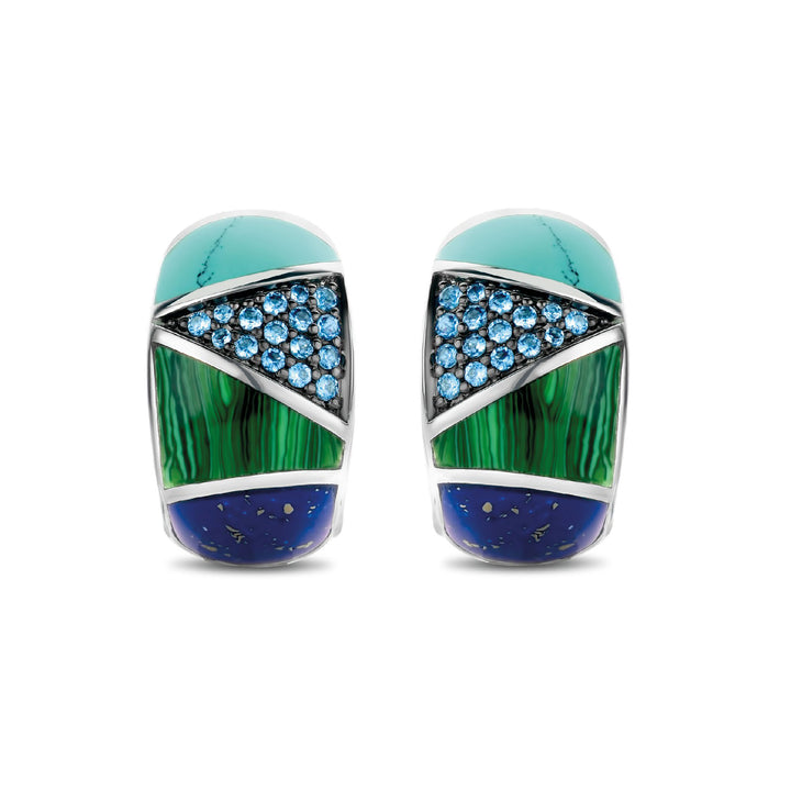 Ti Sento Turquoise Blue Malachite Green and Lapis Blue Patchwork Hoop Earrings