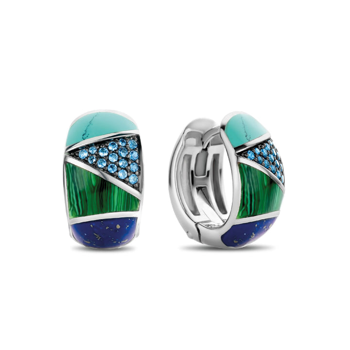 Ti Sento Turquoise Blue Malachite Green and Lapis Blue Patchwork Hoop Earrings