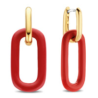 Ti Sento Yellow Gold Plated Coral Red Oval Link Drop Earrings