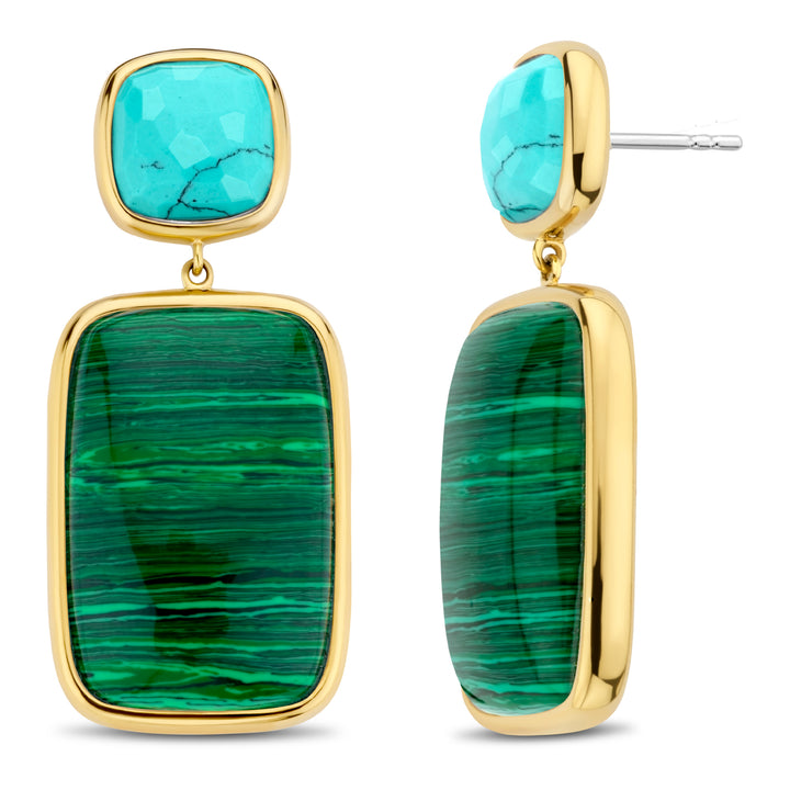 Ti Sento Malachite Green and Turquoise Blue Yellow Gold Plated Drop Earrings