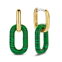 Ti Sento Yellow Gold Plated Malachite Green Oval Link Drop Earrings