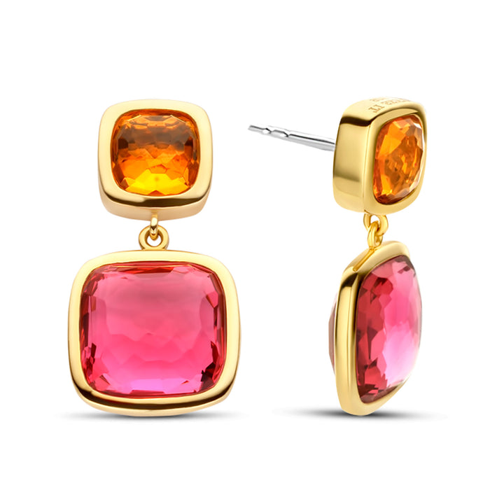 Ti Sento Yellow Gold Plated Orange and Pink Stone Drop Earrings - Michael Jones Jeweller