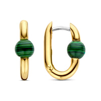 Ti Sento Yellow Gold Plated Malachite Green Oval Link Hoop Earrings