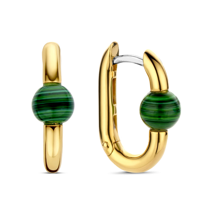 Ti Sento Yellow Gold Plated Malachite Green Oval Link Hoop Earrings
