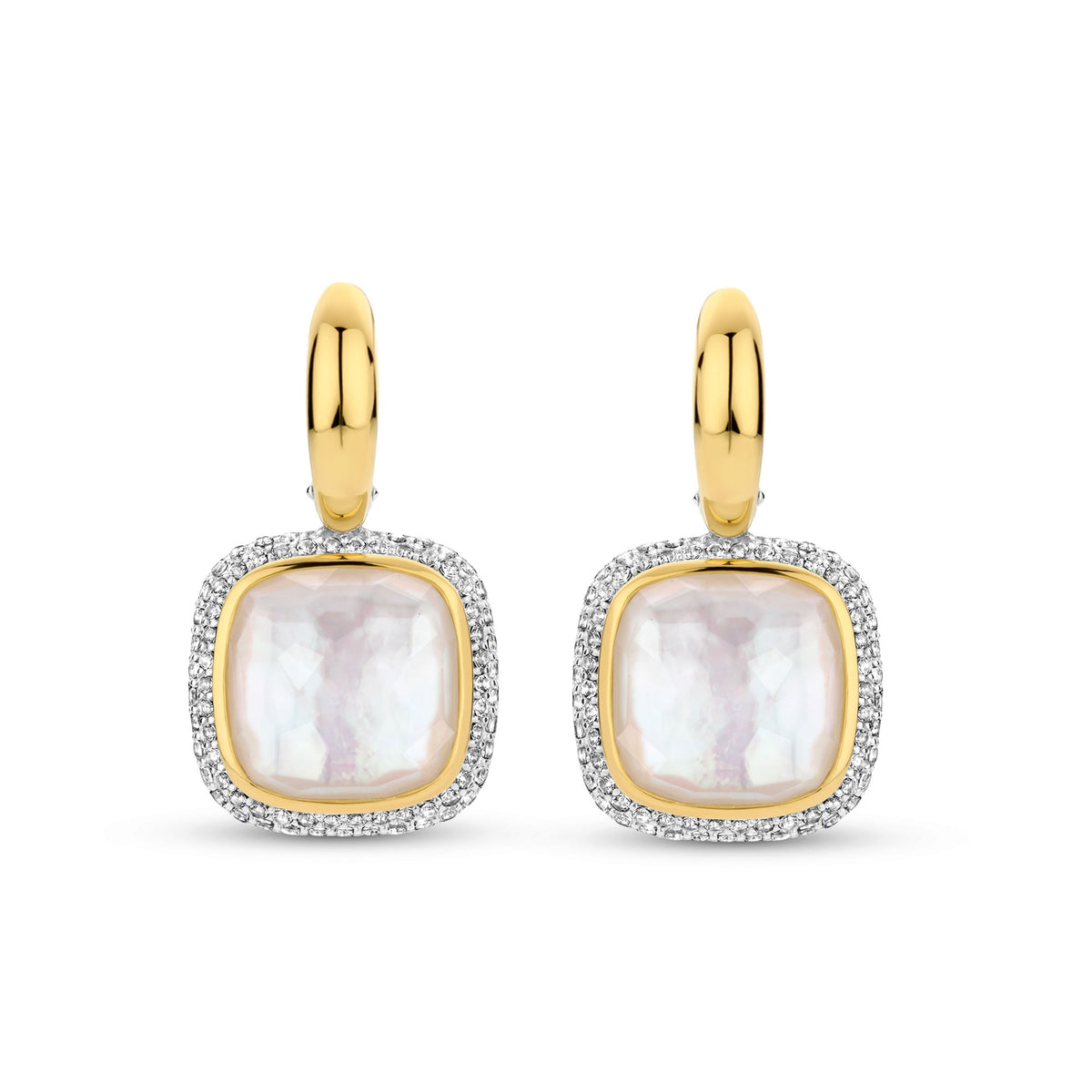 Ti Sento Yellow Gold Plated Mother of Pearl White and Cubic Zirconia Drop Hoop Earrings - Michael Jones Jeweller