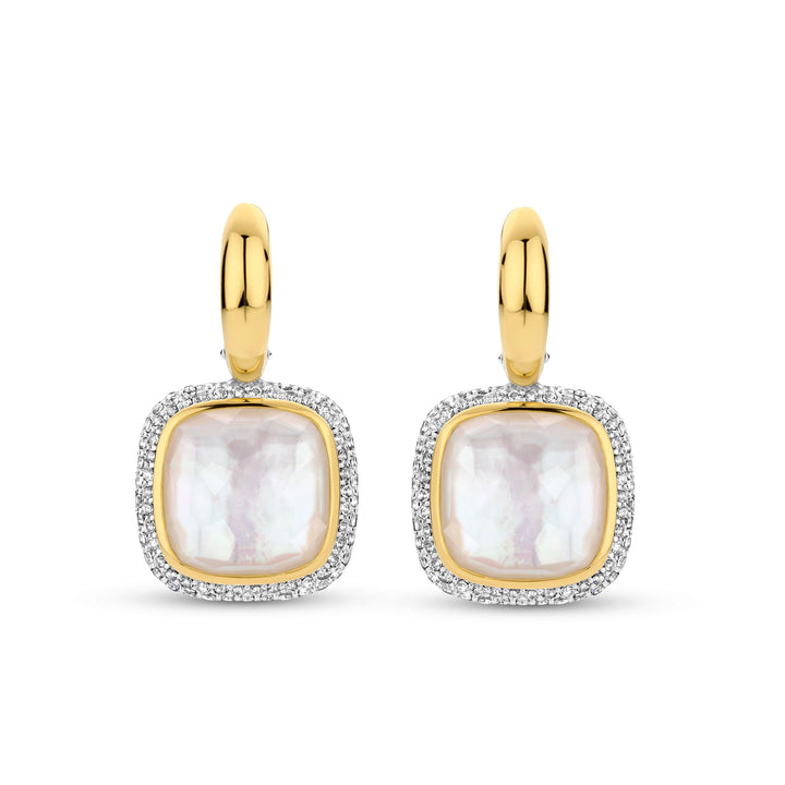 Ti Sento Yellow Gold Plated Mother of Pearl White and Cubic Zirconia Drop Hoop Earrings 7968MW