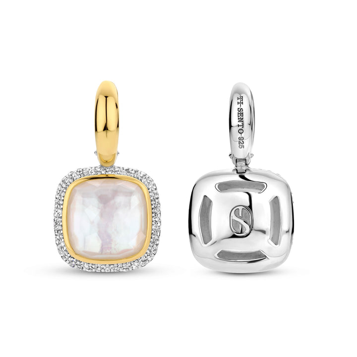 Ti Sento Yellow Gold Plated Mother of Pearl White and Cubic Zirconia Drop Hoop Earrings