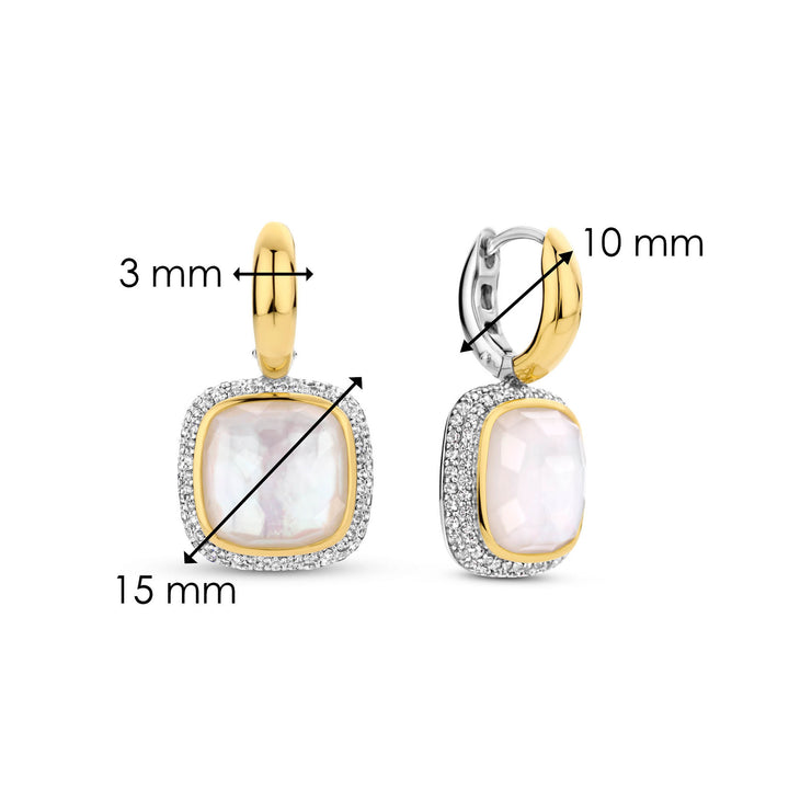 Ti Sento Yellow Gold Plated Mother of Pearl White and Cubic Zirconia Drop Hoop Earrings