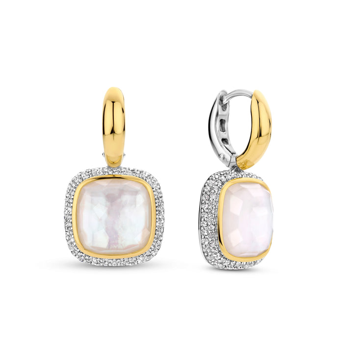 Ti Sento Yellow Gold Plated Mother of Pearl White and Cubic Zirconia Drop Hoop Earrings