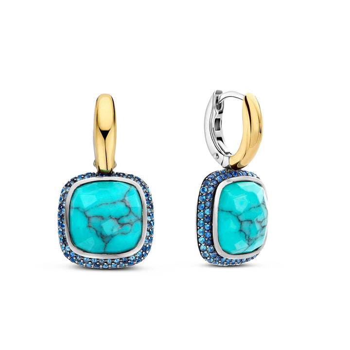Ti Sento Yellow Gold Plated Turquoise Blue and Blue Cubic Zirconia Drop Hoop Earrings