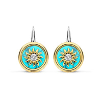 Ti Sento Yellow Gold Plated Turquoise Blue and Cubic Zirconia Sun Disc Drop Earrings