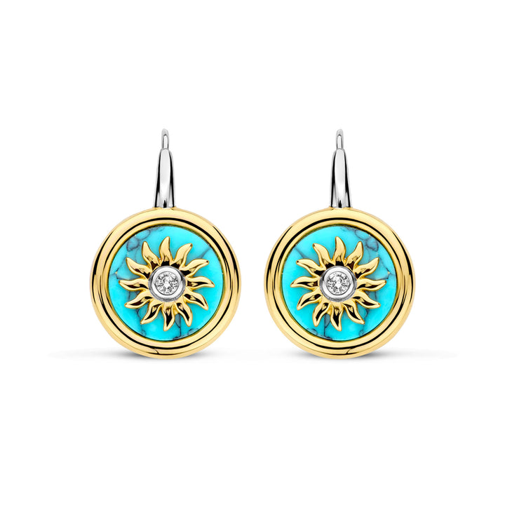 Ti Sento Yellow Gold Plated Turquoise Blue and Cubic Zirconia Sun Disc Drop Earrings