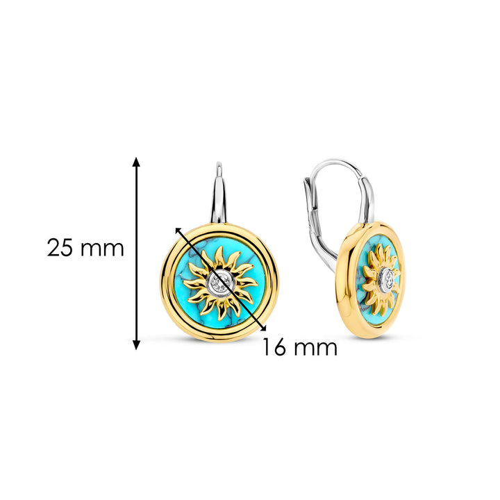 Ti Sento Yellow Gold Plated Turquoise Blue and Cubic Zirconia Sun Disc Drop Earrings