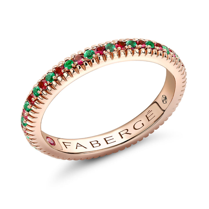 Fabergé Love by Fabergé Fluted Ring 18ct Rose Gold Ruby and Emerald Set (N)
