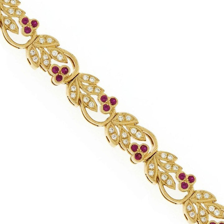Diamond and Ruby 18ct Yellow Gold Cherry Floral Bracelet - Michael Jones Jeweller