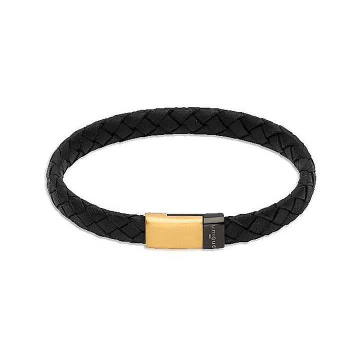 Unique & Co Black Leather Bracelet with Yellow IP Plated Steel Clasp 21cm