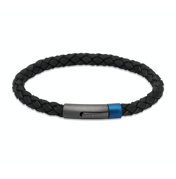 Unique & Co Black Leather Bracelet with Blue IP Clasp 19cm