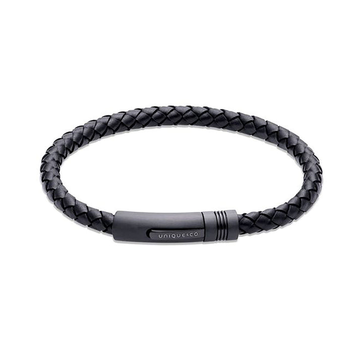 Unique & Co Black Leather Bracelet with Black Matte Steel Clasp 21cm