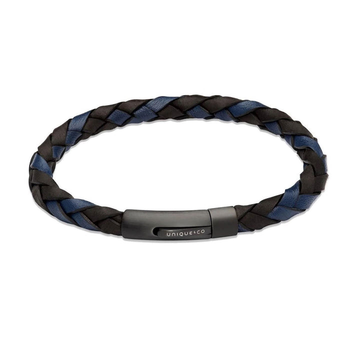 Unique & Co Black and Navy Leather Bracelet with Steel Clasp 21cm